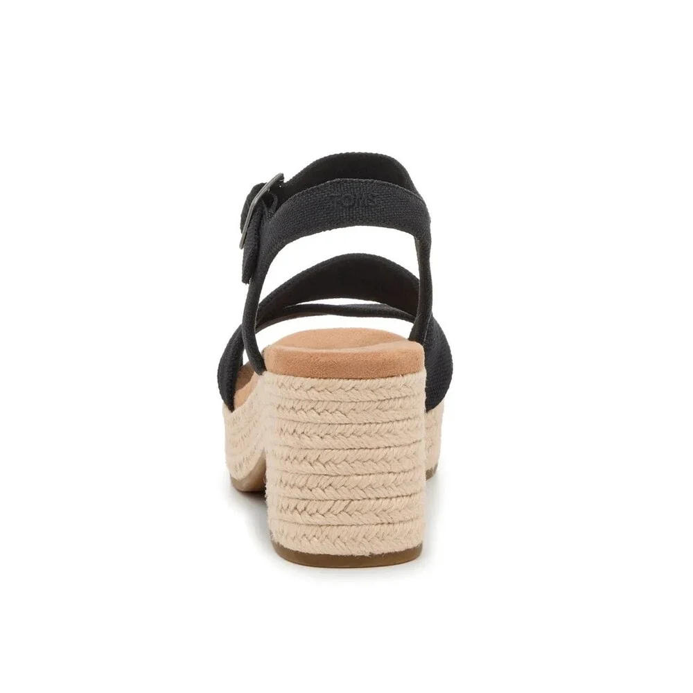 Toms Kiki Sandals Womans US 6.5 Black Ankle Strap Block Heel Espadrille HTAT1457
